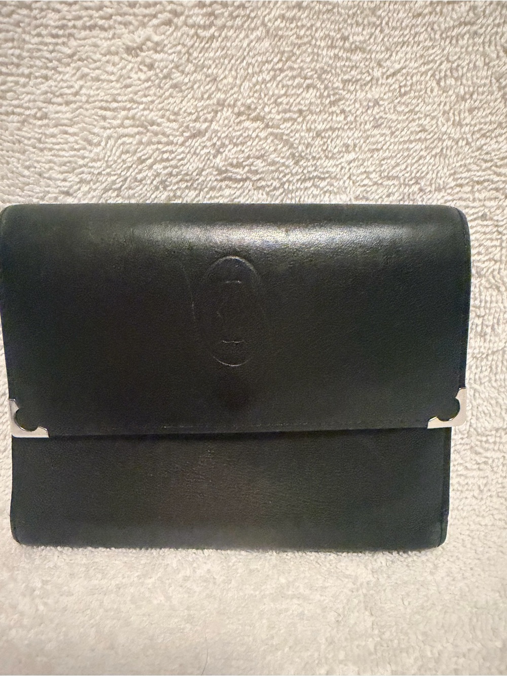 Cartier Black Leather Wallet Clutch with Silver Tone Accents